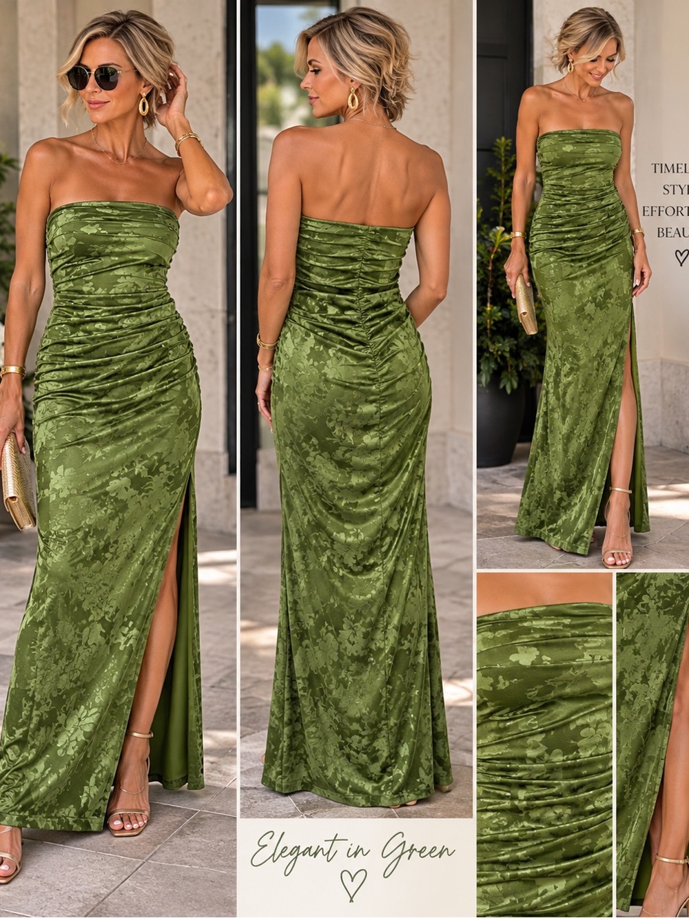 Olive Green Strapless Ruched Satin Maxi Dress